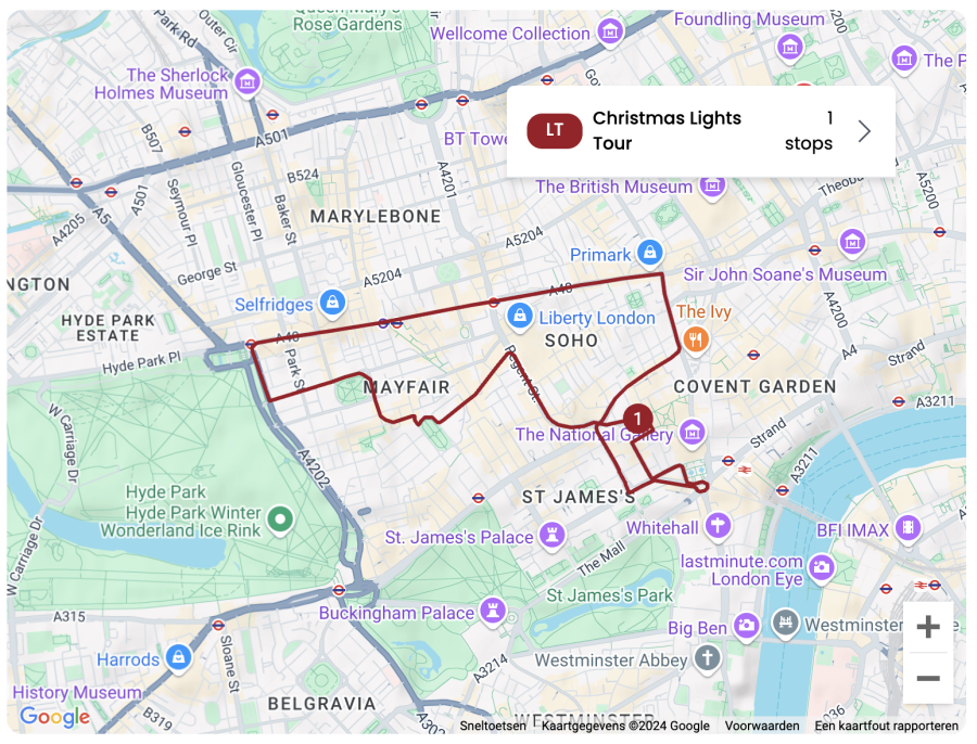 plattegrond route kerstlichtjes bustour londen